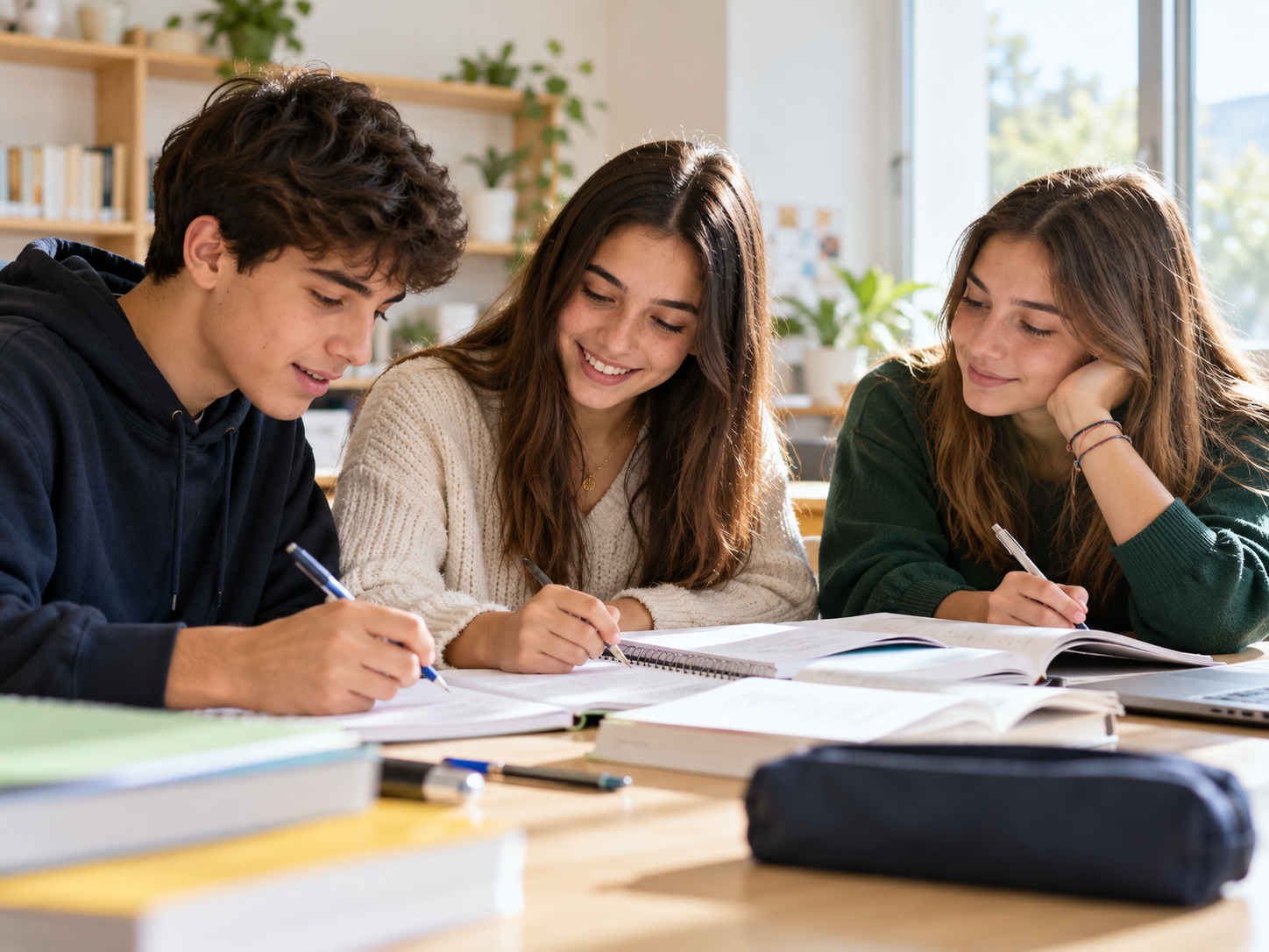 Alunos a estudar juntos à mesa